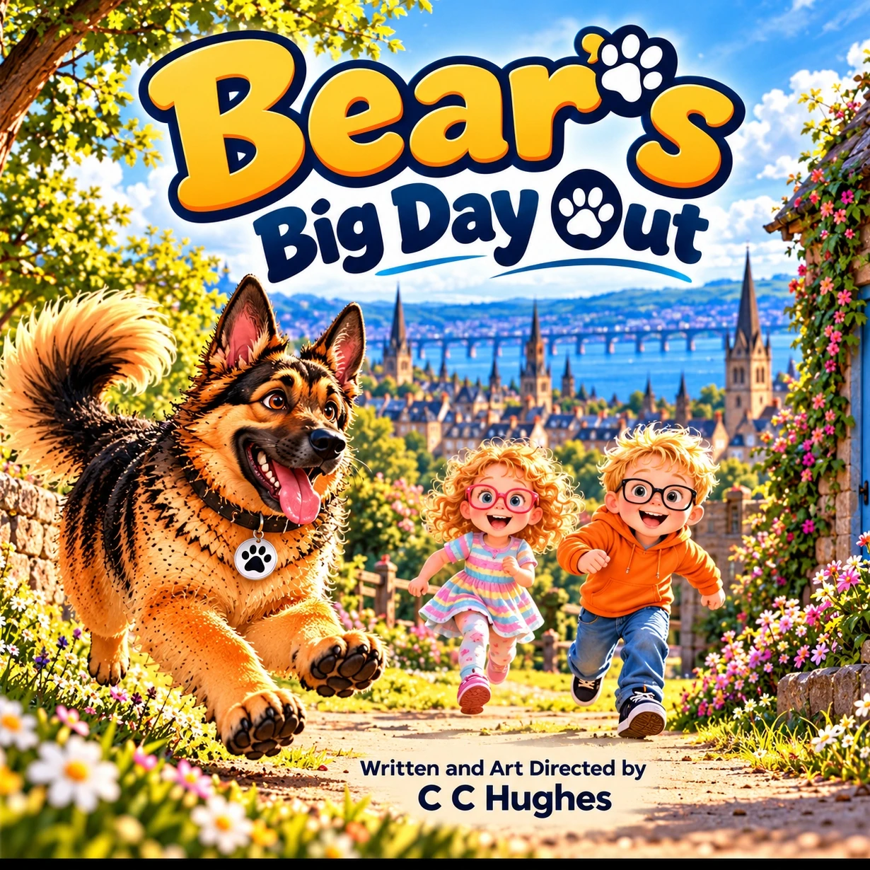 Bear, a black-and-tan German Shepherd, runs with Matilda in pink glasses and Archie in black glasses. Cover text: Bear’s Big Day Out. Written and Art Directed by C C Hughes.
