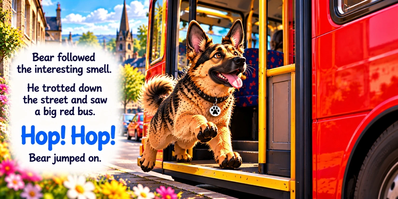 Bear hops through the open doorway of a bright red bus, wearing his black collar and silver paw-print tag. The page’s words are reproduced below.