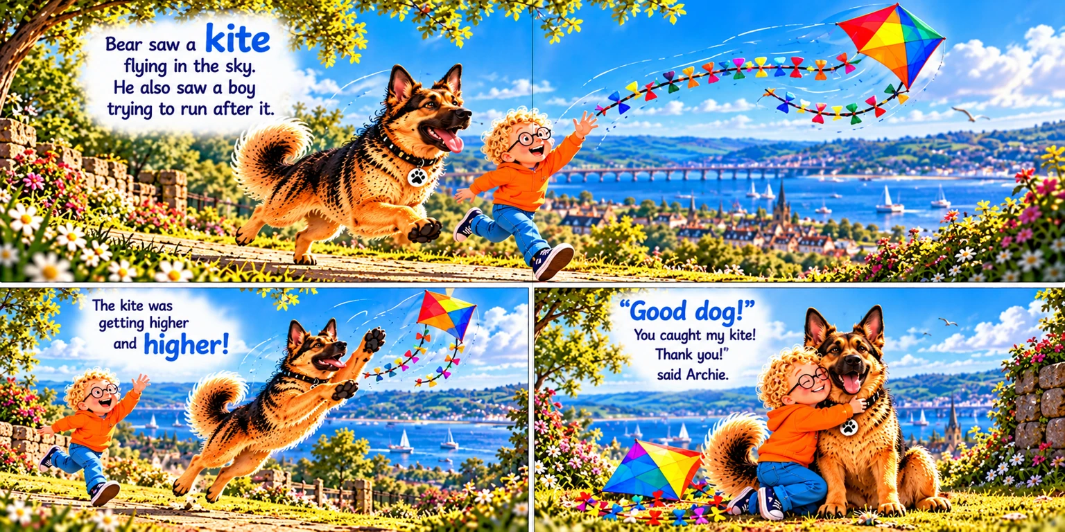 Three illustrated panels show Archie chasing his colourful kite, Bear jumping to catch it, and Archie hugging Bear. Archie says, ‘Good dog! You caught my kite! Thank you!’