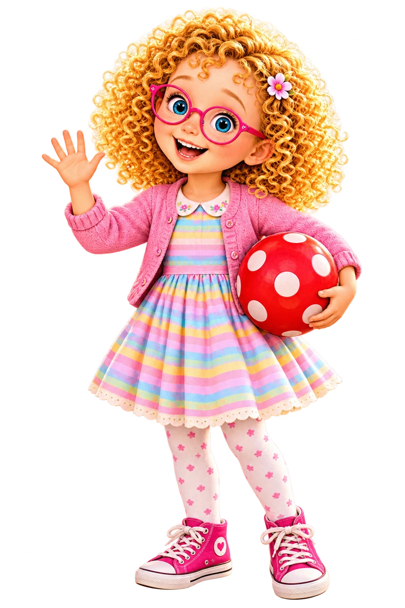 Matilda smiles and waves, wearing pink glasses and a rainbow-striped dress, with her red spotted ball.