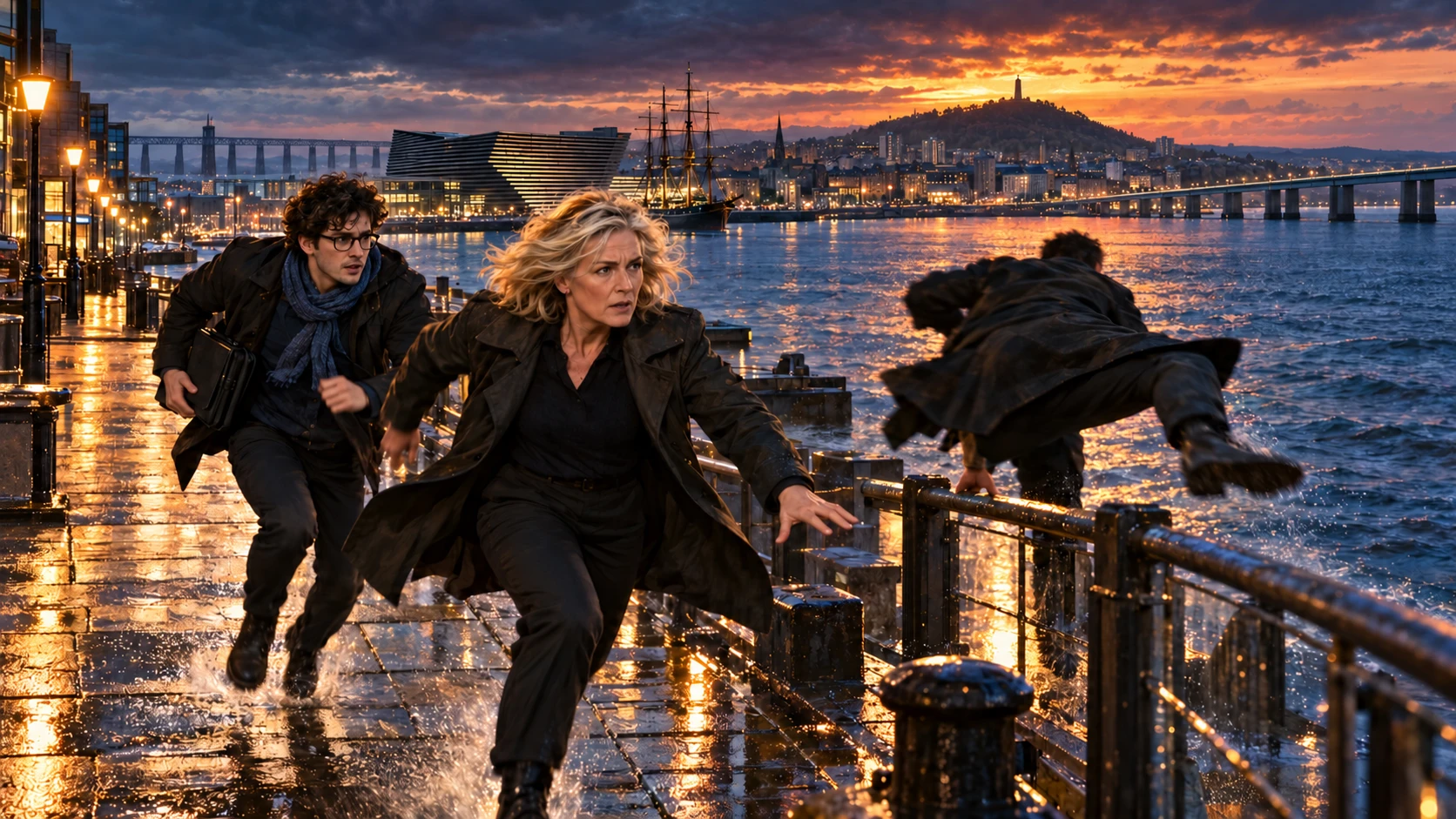 Harriet Keel and Hamish MacNair pursue a fleeing suspect along a rain-slick waterfront at dusk, with Dundee, the River Tay and its road and railway bridges behind them.