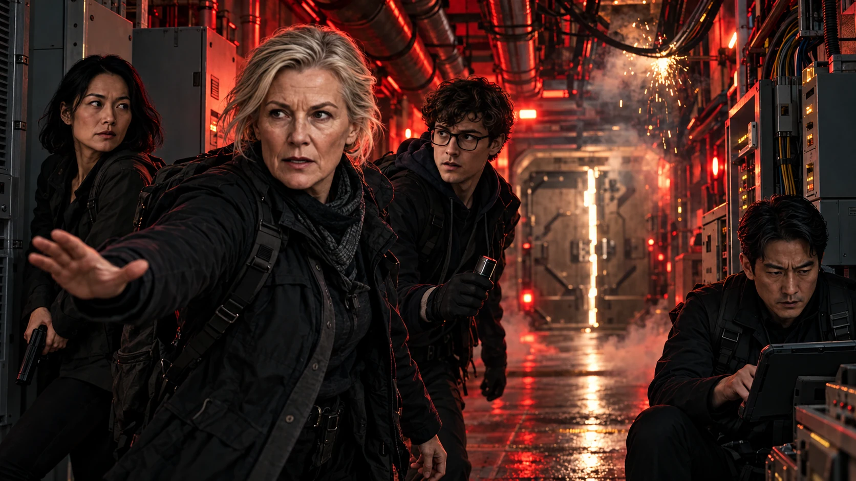 Under red emergency lights in Atlas, Harriet signals the team to move, Hamish carries the titanium device, Mei watches the corridor and Jun operates a tablet behind a cabinet.