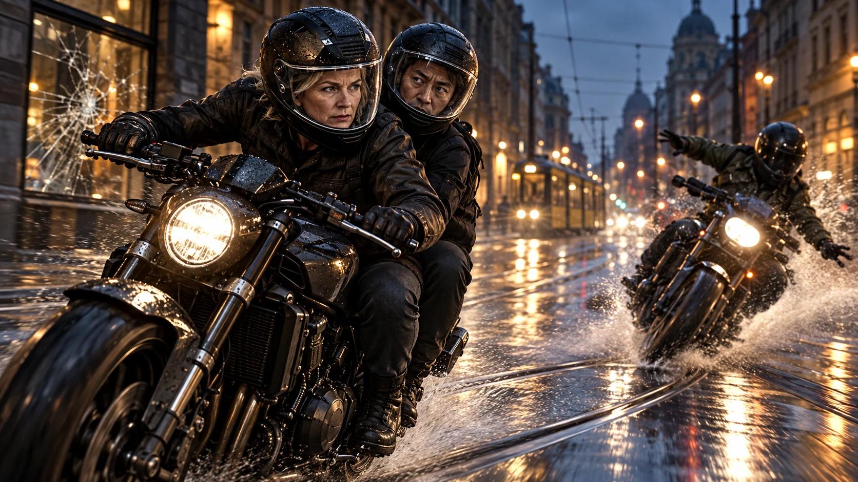 Harriet rides a motorcycle through rain-soaked Berlin with Jun on the pillion as a pursuing rider swerves behind them.