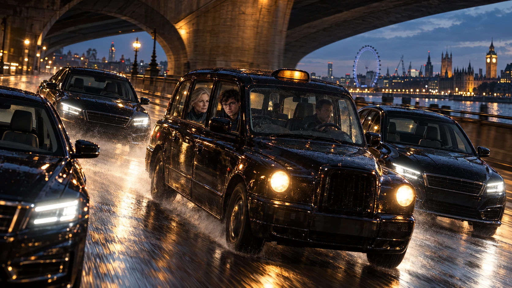 Harriet and Hamish ride in the back of a London taxi as three cars with empty driver seats close around it beneath a bridge beside the Thames.