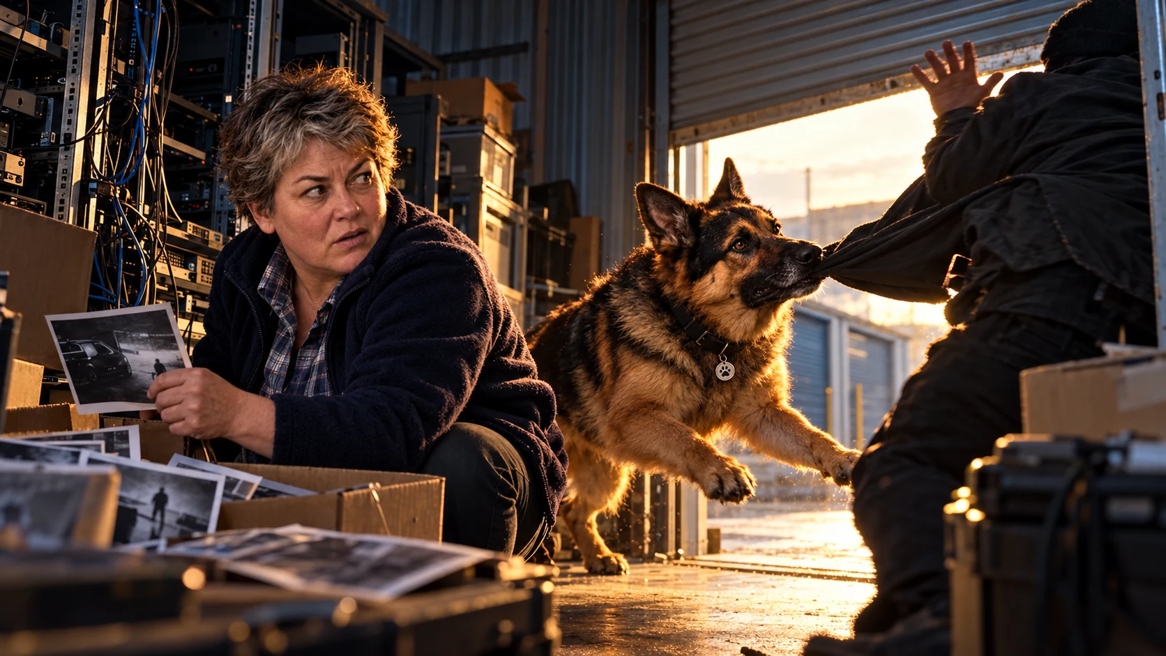 Morag crouches beside surveillance photographs in a storage unit while Bear catches an intruder’s loose jacket in his teeth near the roller door.