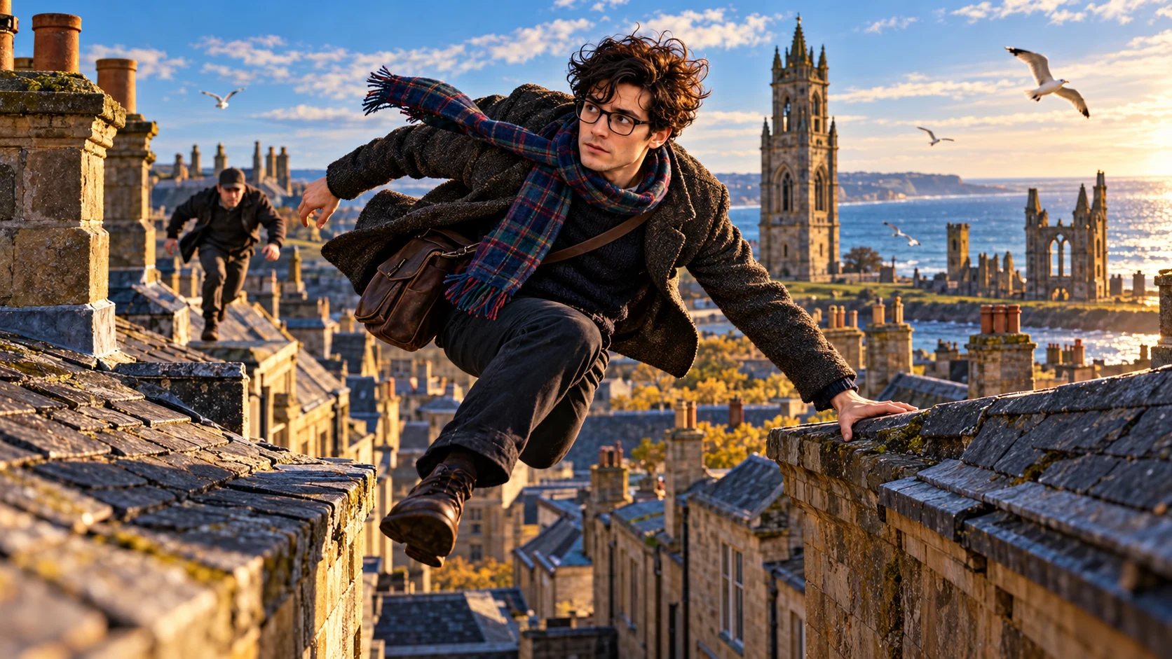 Young Hamish, in glasses and a tartan scarf, escapes across St Andrews rooftops with a pursuer behind him.