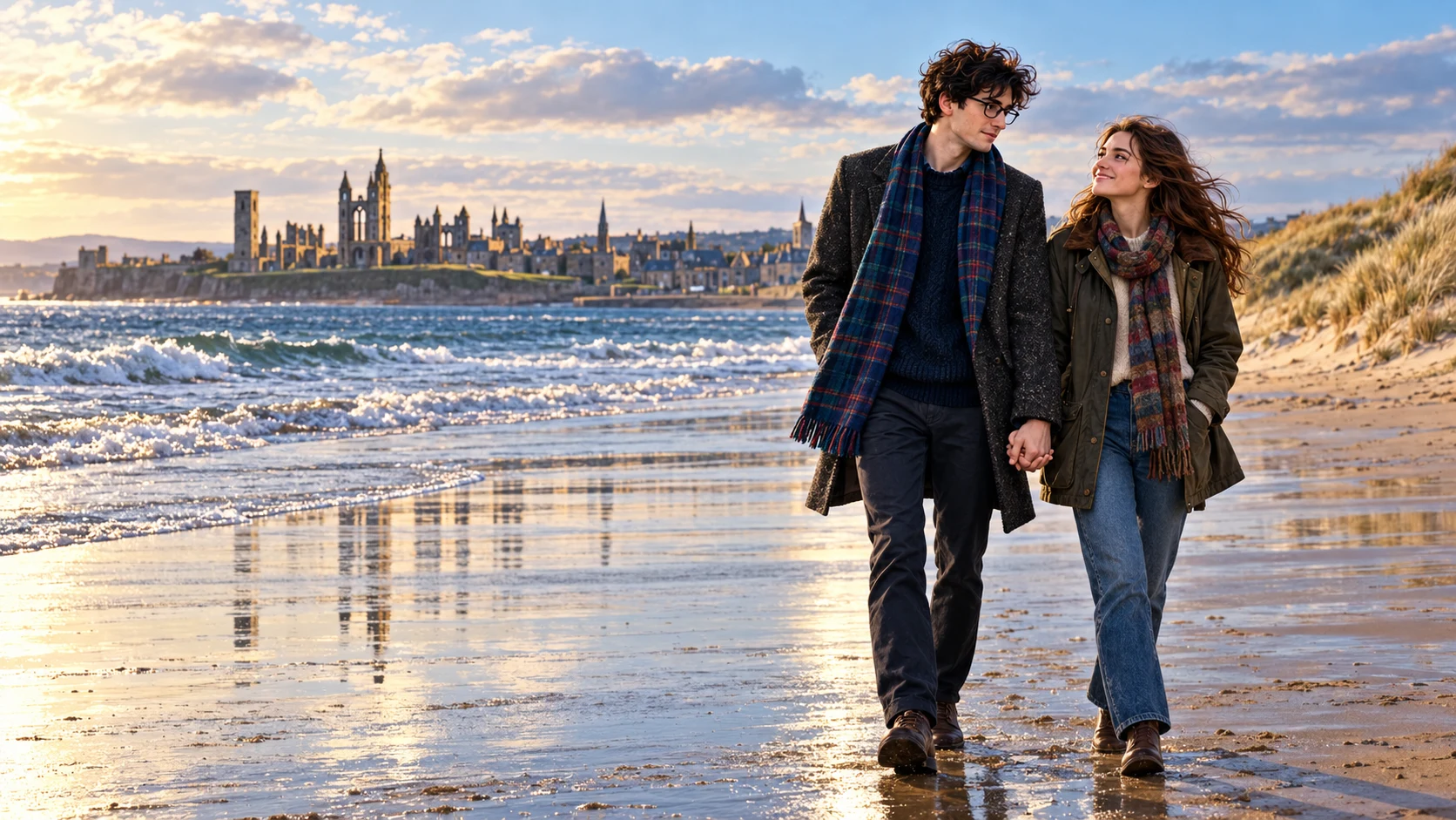 Hamish and Fiona walk hand in hand along West Sands, with the sea and St Andrews skyline in the distance.