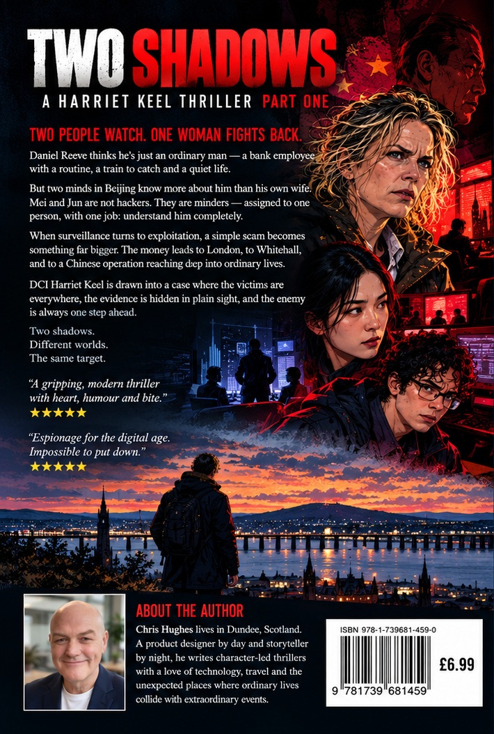 Back cover of Two Shadows, with the book description and Chris Hughes’s author photograph