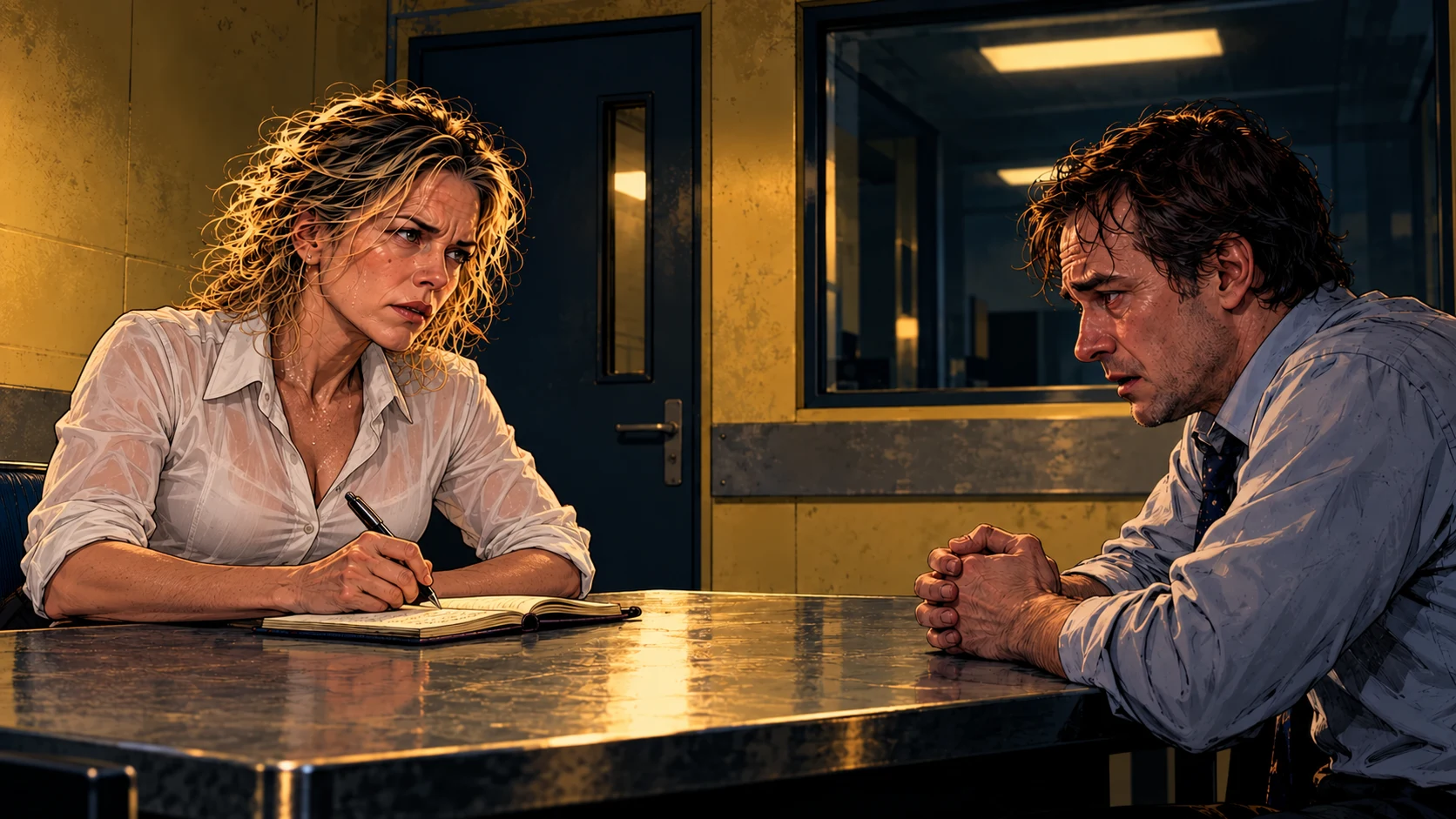 Harriet Keel listens to an anxious Daniel Reeve across a metal table in a custard-yellow London interview room.