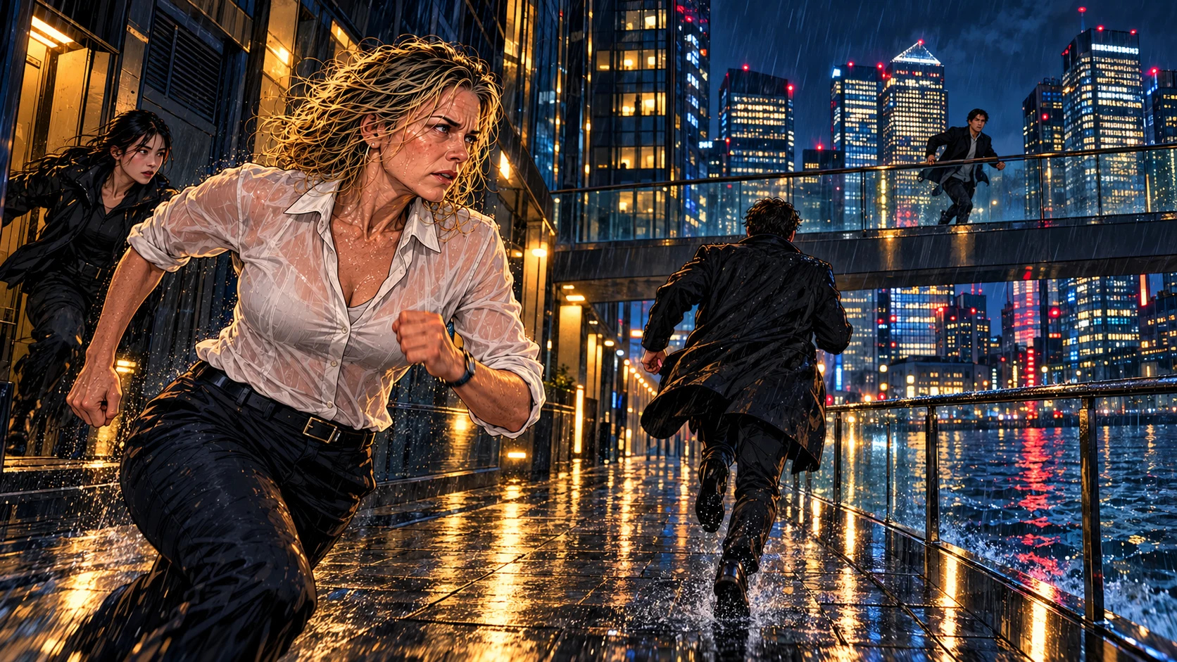 Harriet pursues a suspect along a rain-soaked Thames walkway at Canary Wharf while Mei and Jun move to intercept.